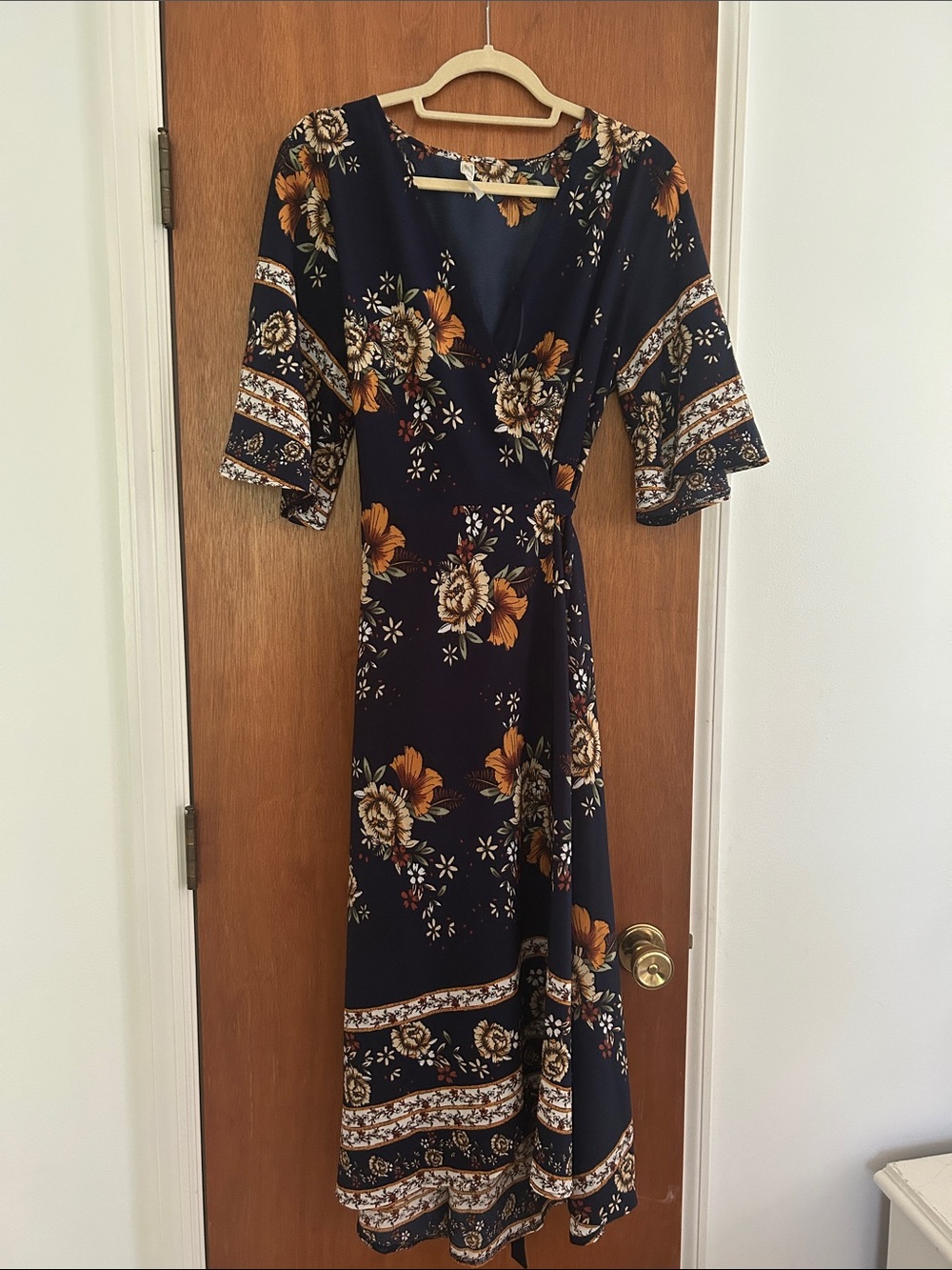 Stellah Navy Midi Dress with Mustard and Cream Floral Print